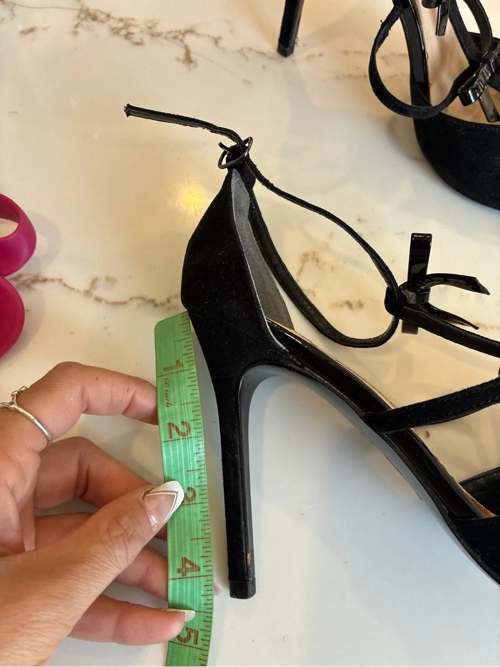Nina Black T-Strap Pointed Toe Heels with Bow Accents